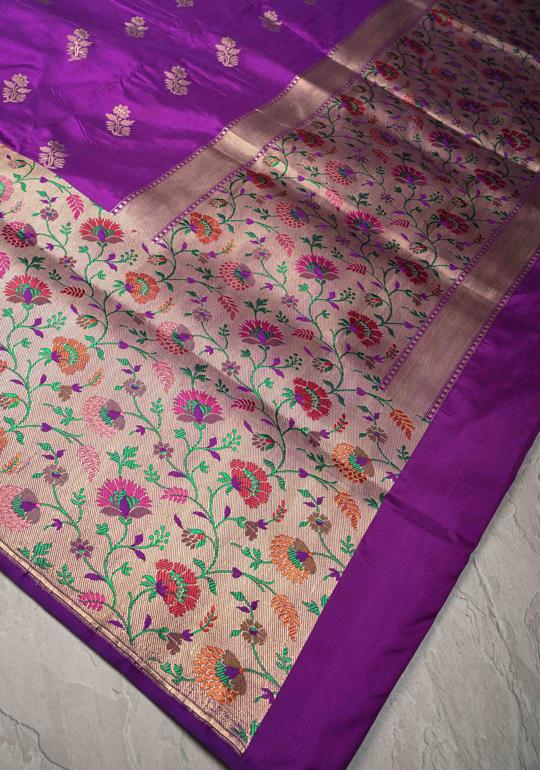 Purple Pure Banarasi Katan Silk Saree with Floral Zari Buttas and Paithani Wide Border, Pallu | SILK MARK CERTIFIED