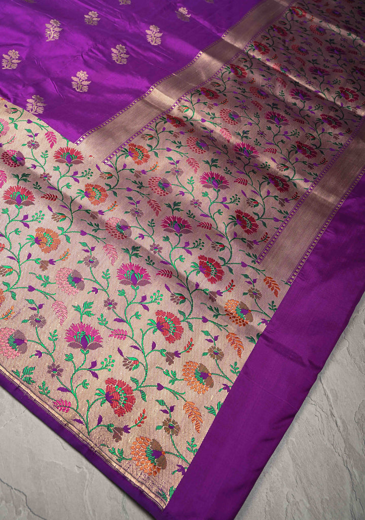 Purple Pure Banarasi Katan Silk Saree with Floral Zari Buttas and Paithani Wide Border, Pallu | SILK MARK CERTIFIED