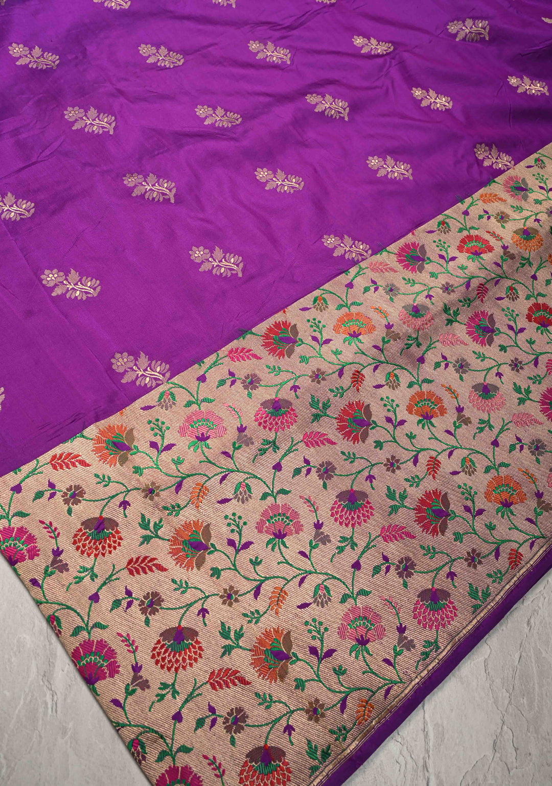 Purple Pure Banarasi Katan Silk Saree with Floral Zari Buttas and Paithani Wide Border, Pallu | SILK MARK CERTIFIED