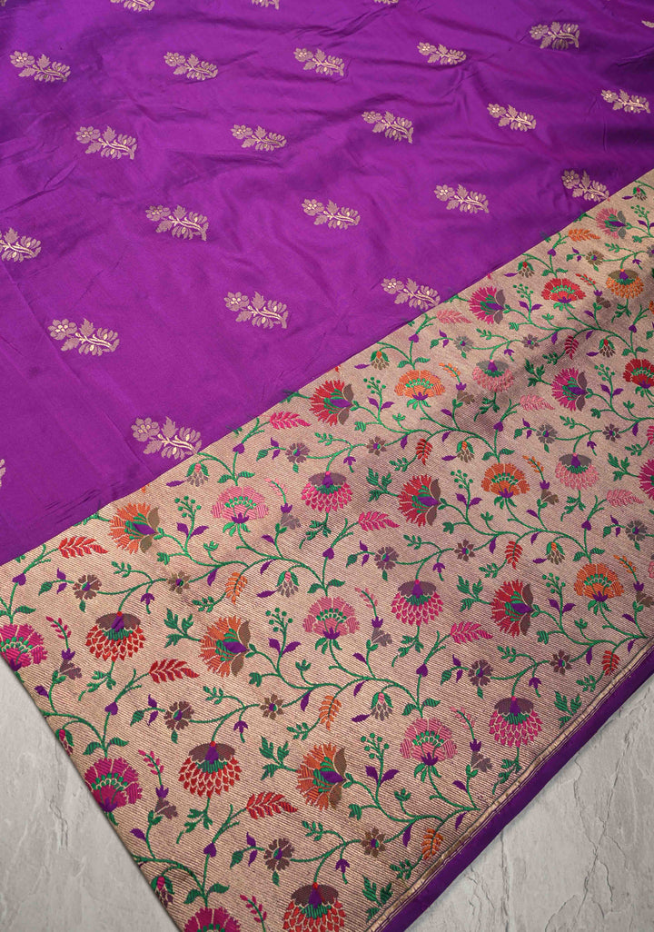 Purple Pure Banarasi Katan Silk Saree with Floral Zari Buttas and Paithani Wide Border, Pallu | SILK MARK CERTIFIED
