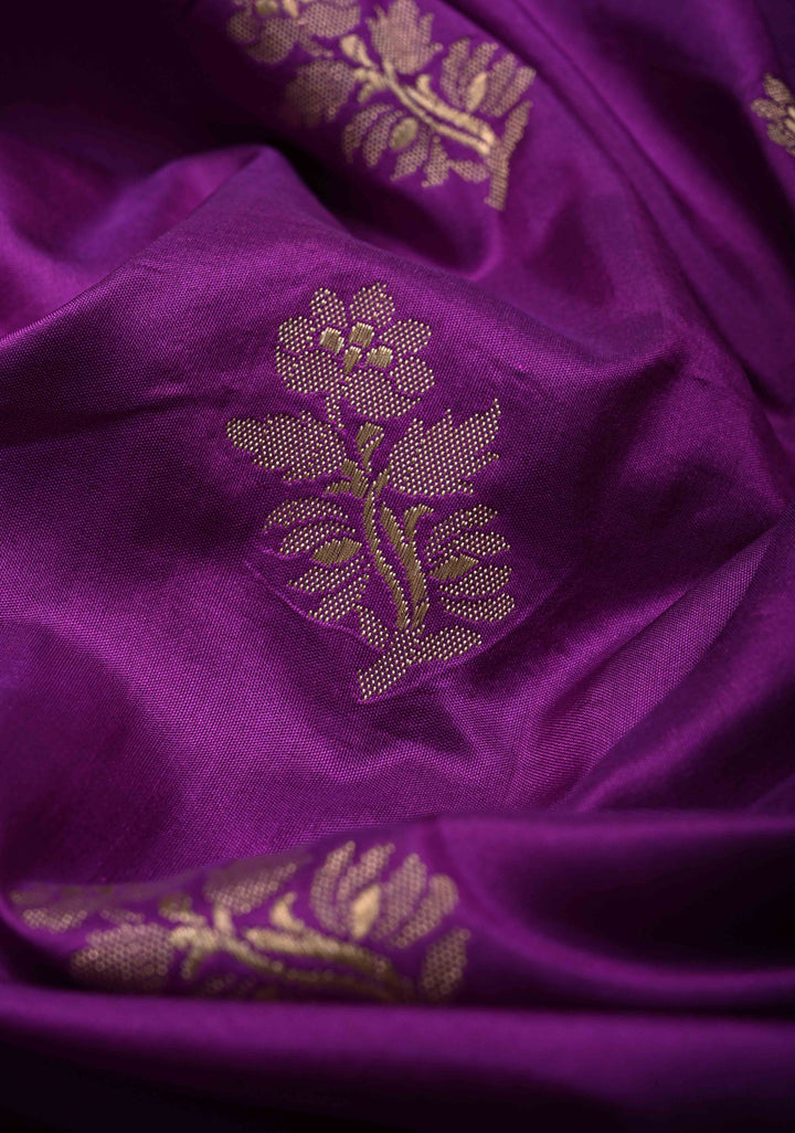 Purple Pure Banarasi Katan Silk Saree with Floral Zari Buttas and Paithani Wide Border, Pallu | SILK MARK CERTIFIED