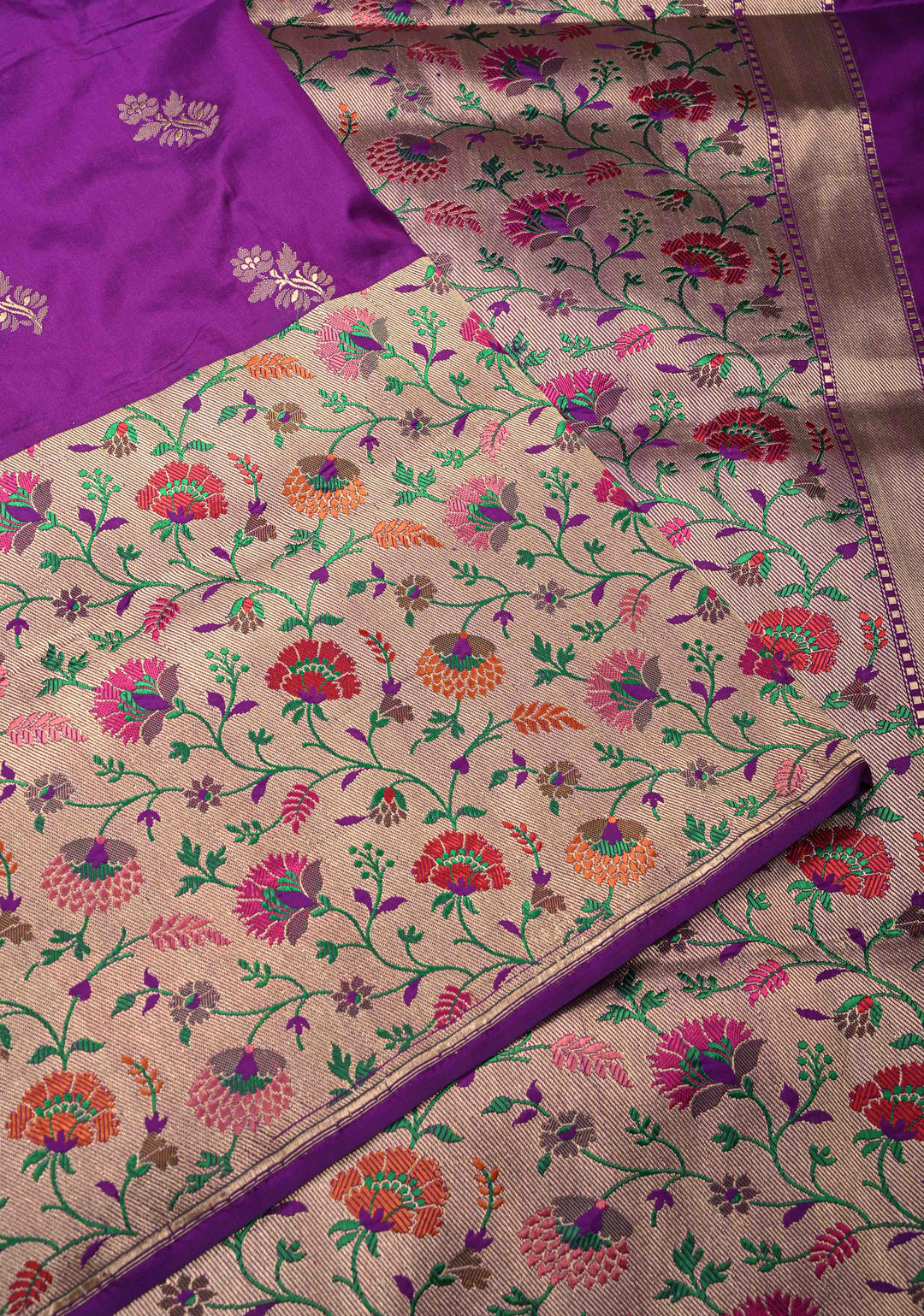 Purple Pure Banarasi Katan Silk Saree with Floral Zari Buttas and Paithani Wide Border, Pallu | SILK MARK CERTIFIED