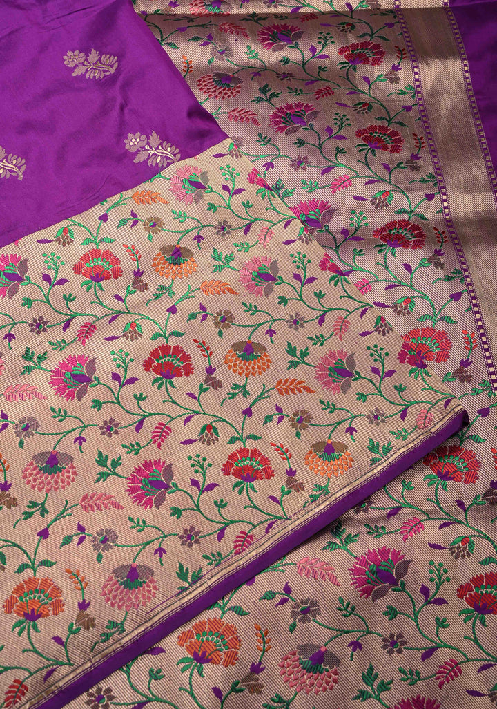 Purple Pure Banarasi Katan Silk Saree with Floral Zari Buttas and Paithani Wide Border, Pallu | SILK MARK CERTIFIED