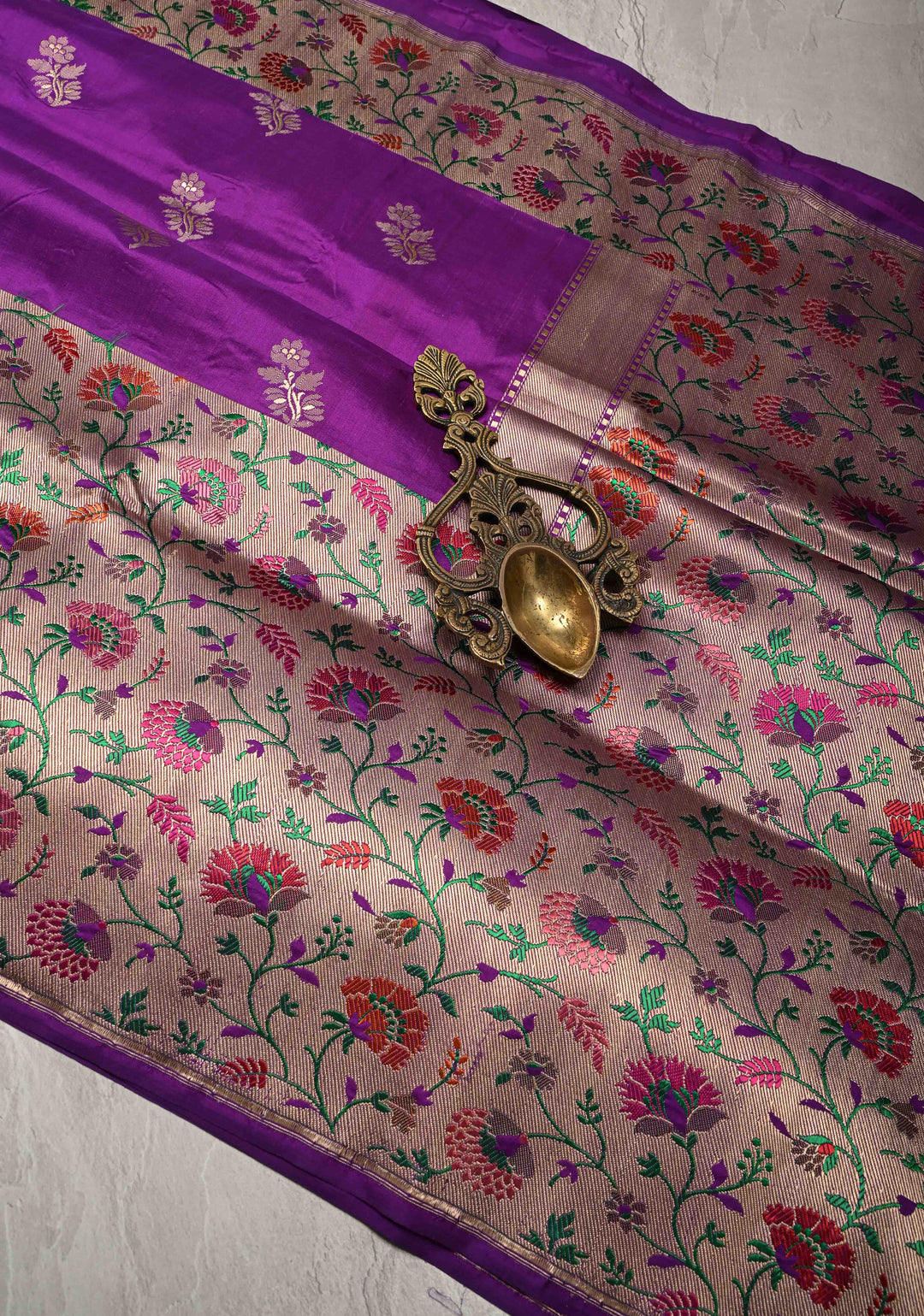 Purple Pure Banarasi Katan Silk Saree with Floral Zari Buttas and Paithani Wide Border, Pallu | SILK MARK CERTIFIED