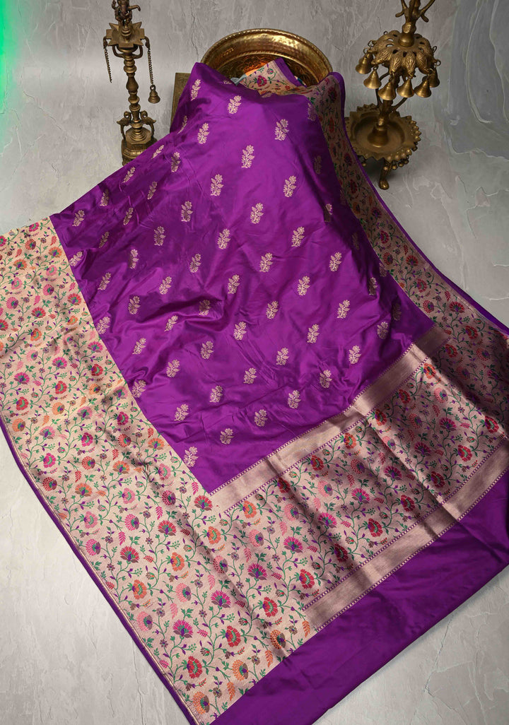 Purple Pure Banarasi Katan Silk Saree with Floral Zari Buttas and Paithani Wide Border, Pallu | SILK MARK CERTIFIED