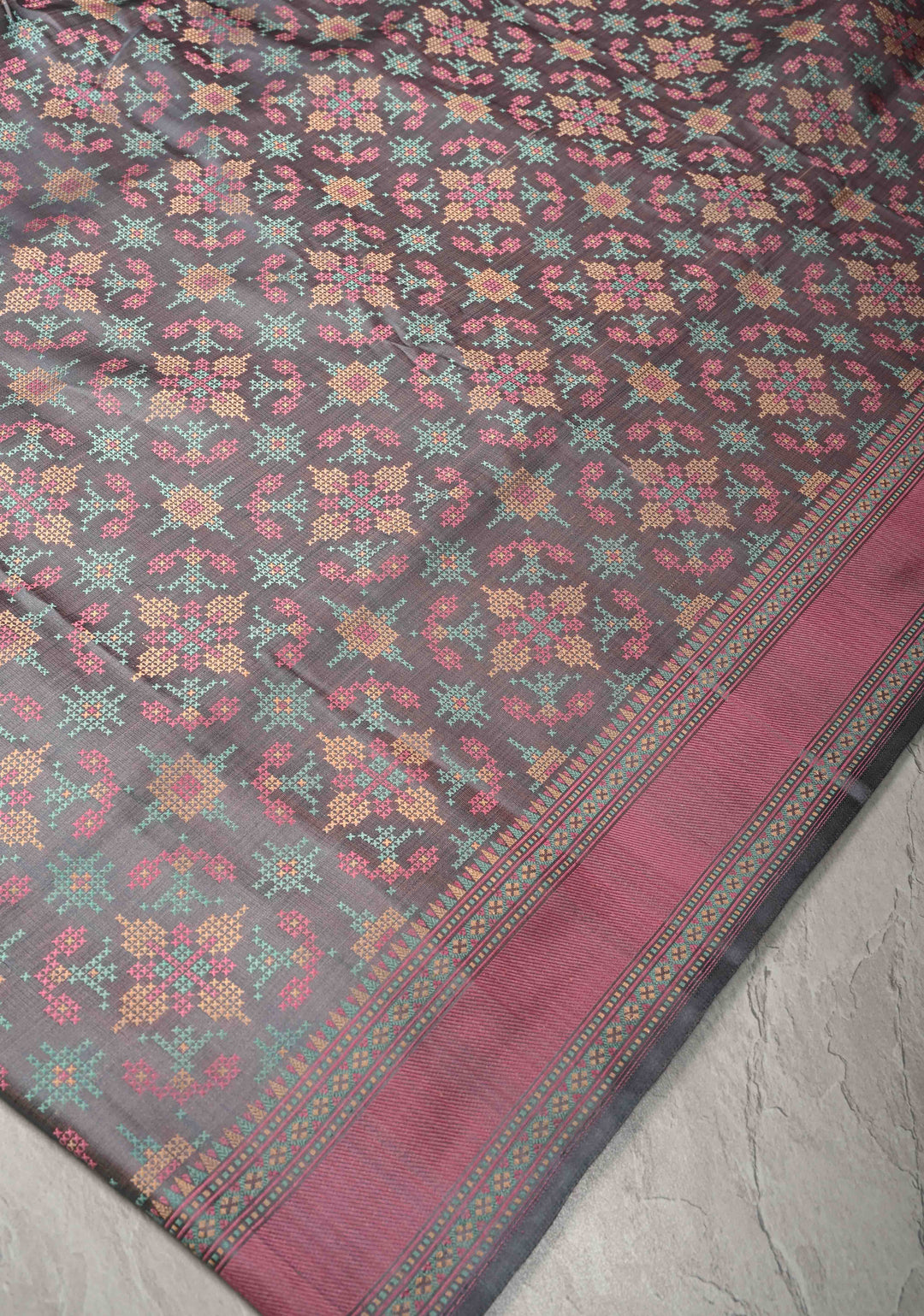 Grey Tanchoi Banarasi Satin Silk Saree with Cross Stitch Brocade | SILK MARK CERTIFIED