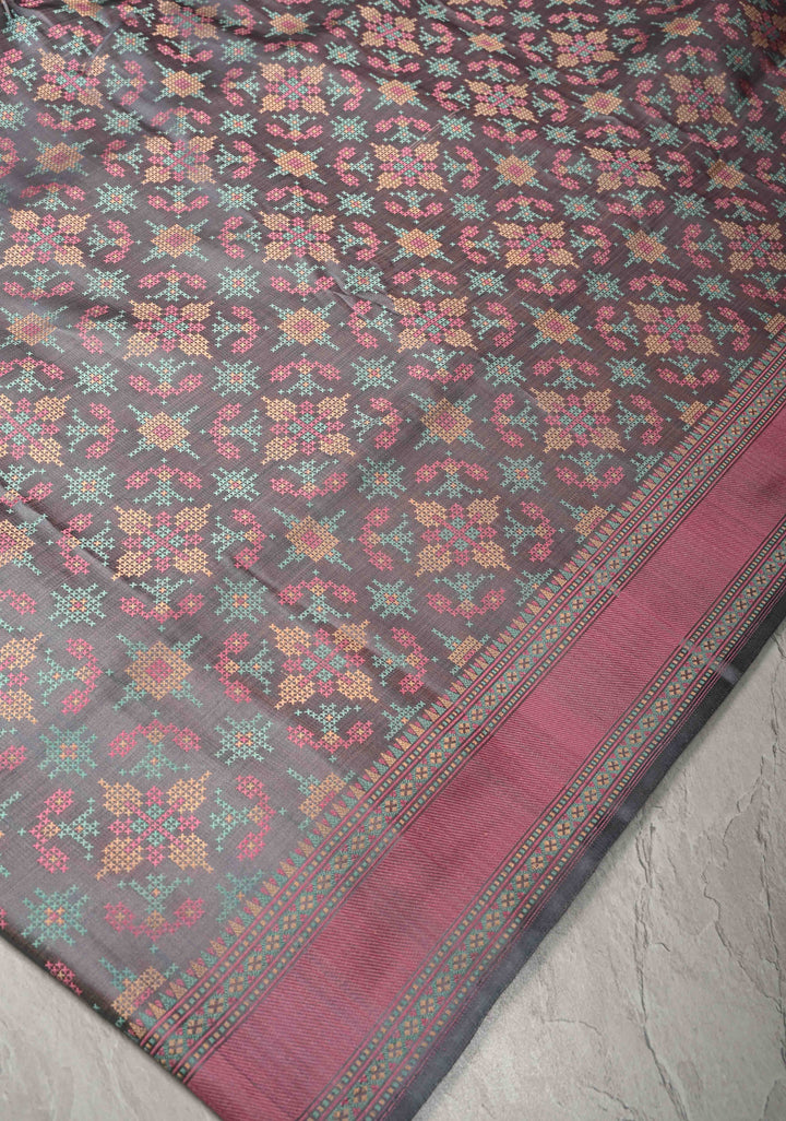 Grey Tanchoi Banarasi Satin Silk Saree with Cross Stitch Brocade | SILK MARK CERTIFIED