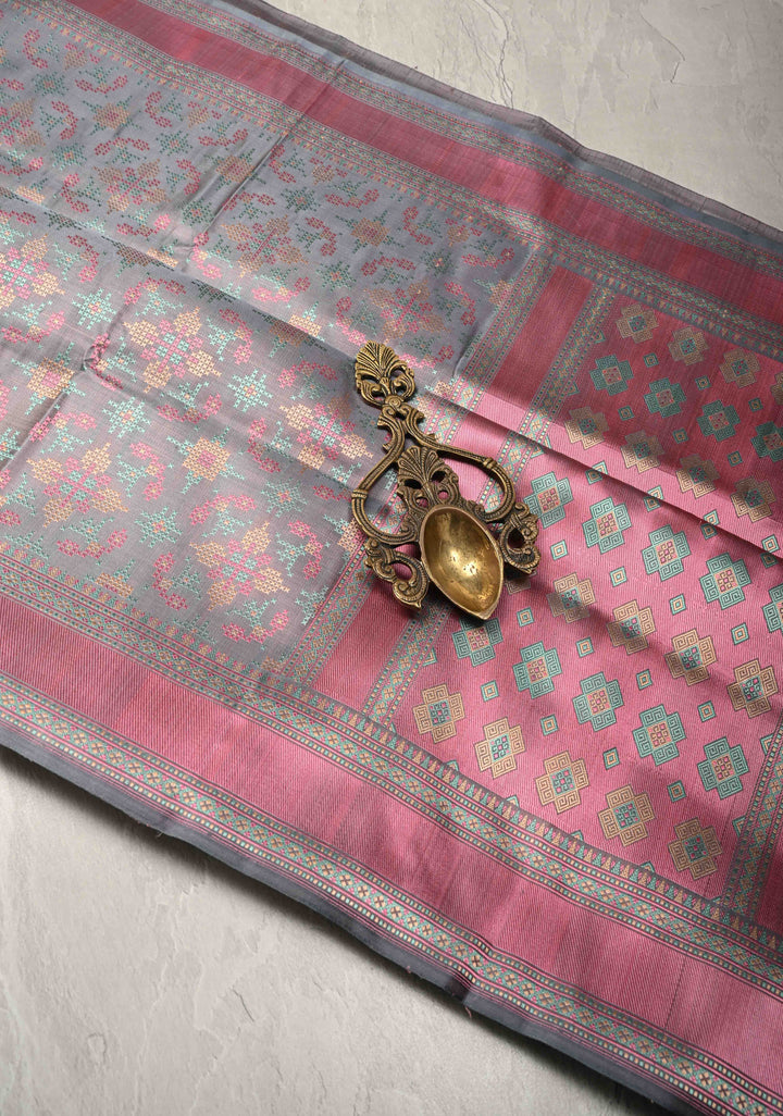 Grey Tanchoi Banarasi Satin Silk Saree with Cross Stitch Brocade | SILK MARK CERTIFIED