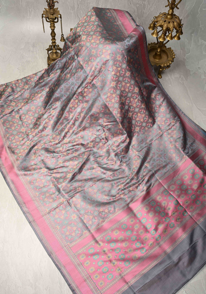 Grey Tanchoi Banarasi Satin Silk Saree with Cross Stitch Brocade | SILK MARK CERTIFIED