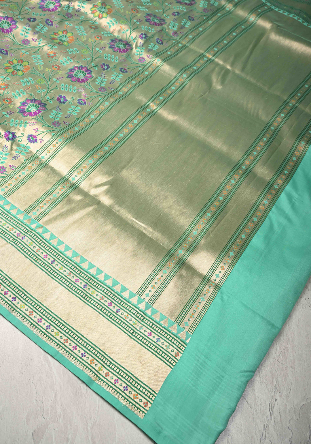 Exquisite Meenakari Tissue Paithani Style Banarasi Silk Saree in Pista Green-Gold with Zari Border | SILK MARK CERTIFIED