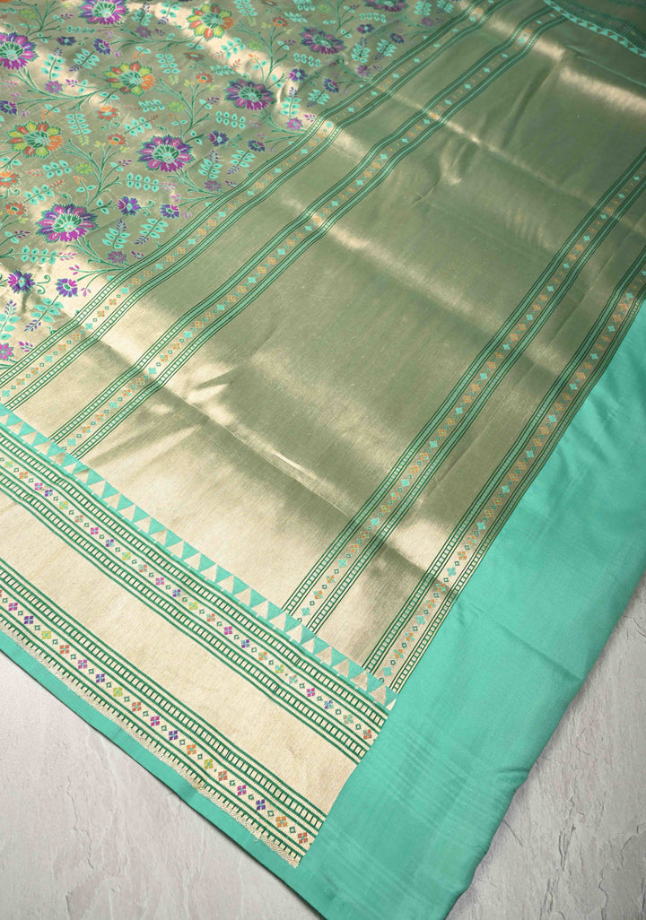 Exquisite Meenakari Tissue Paithani Style Banarasi Silk Saree in Pista Green-Gold with Zari Border | SILK MARK CERTIFIED