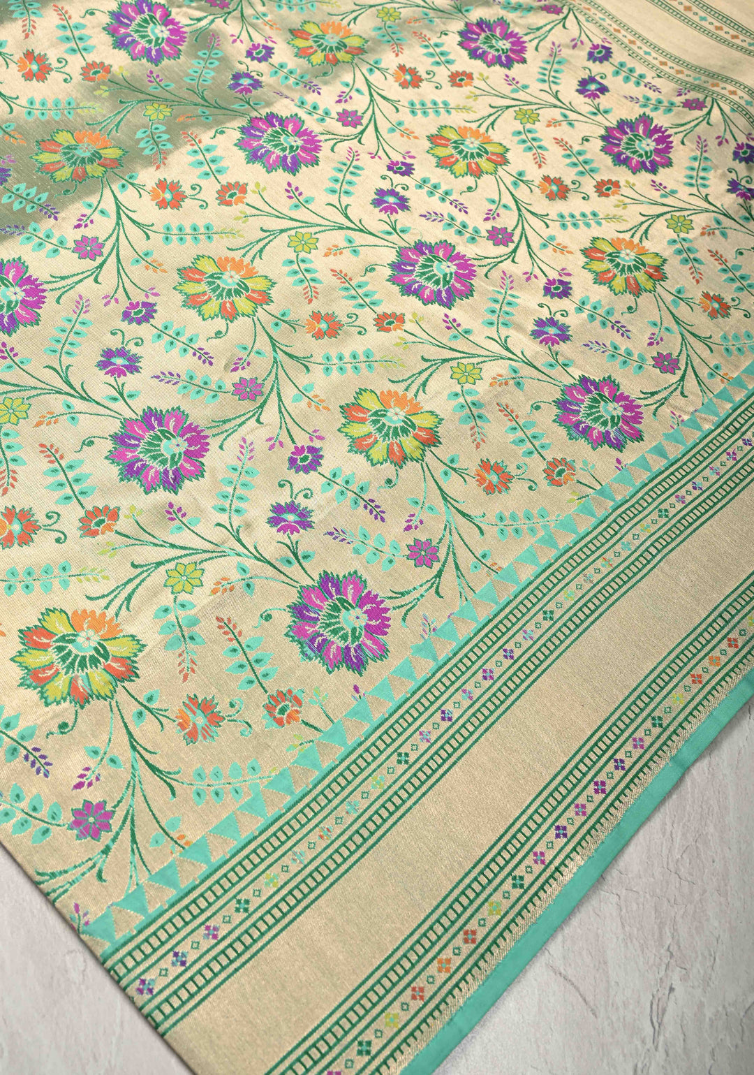 Exquisite Meenakari Tissue Paithani Style Banarasi Silk Saree in Pista Green-Gold with Zari Border | SILK MARK CERTIFIED