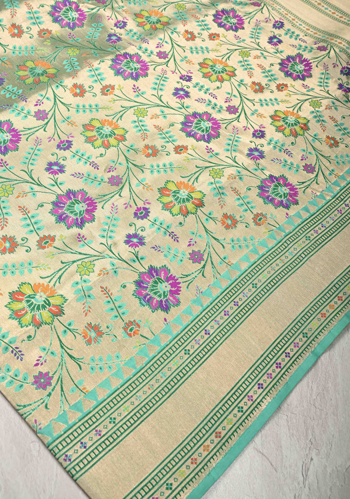 Exquisite Meenakari Tissue Paithani Style Banarasi Silk Saree in Pista Green-Gold with Zari Border | SILK MARK CERTIFIED