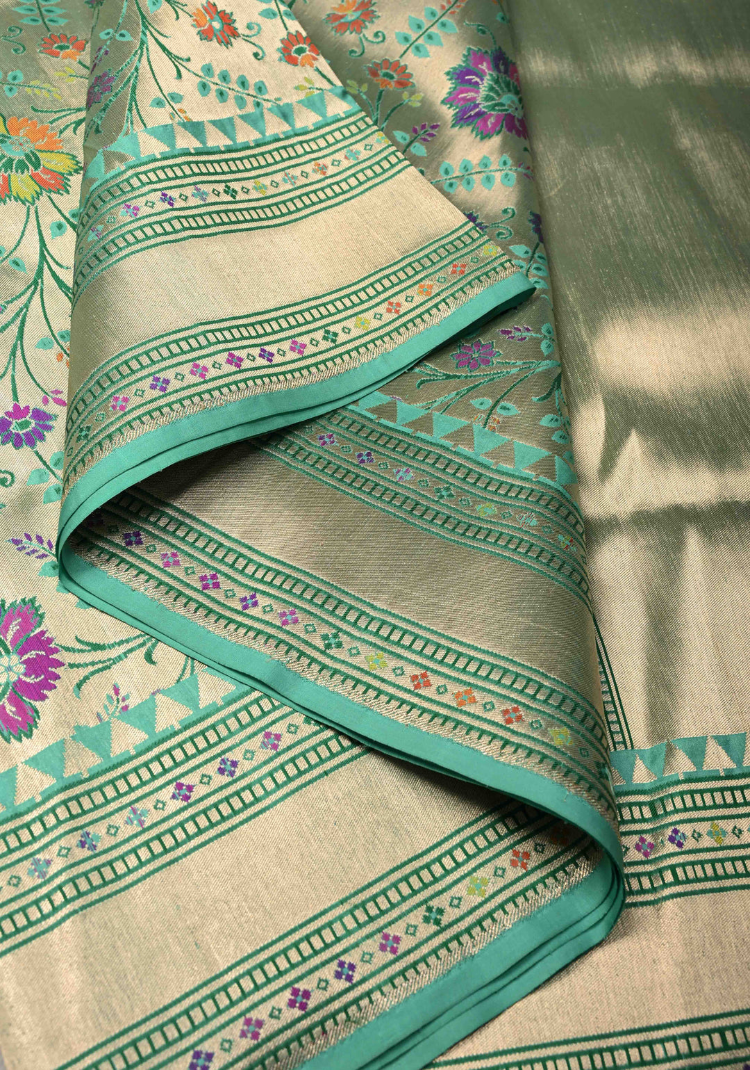 Exquisite Meenakari Tissue Paithani Style Banarasi Silk Saree in Pista Green-Gold with Zari Border | SILK MARK CERTIFIED
