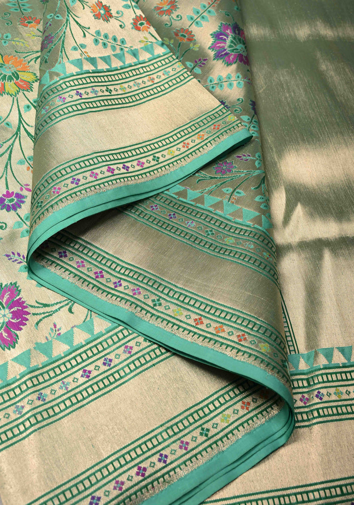 Exquisite Meenakari Tissue Paithani Style Banarasi Silk Saree in Pista Green-Gold with Zari Border | SILK MARK CERTIFIED