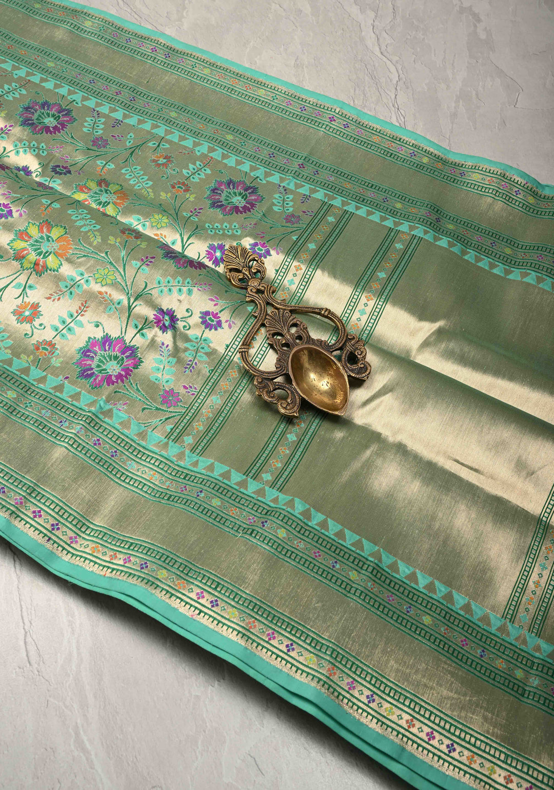 Exquisite Meenakari Tissue Paithani Style Banarasi Silk Saree in Pista Green-Gold with Zari Border | SILK MARK CERTIFIED
