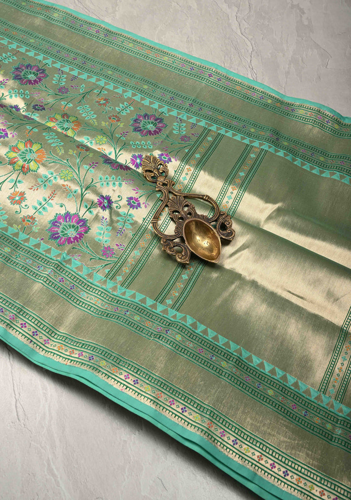 Exquisite Meenakari Tissue Paithani Style Banarasi Silk Saree in Pista Green-Gold with Zari Border | SILK MARK CERTIFIED