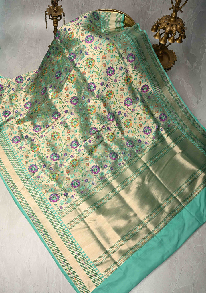 Exquisite Meenakari Tissue Paithani Style Banarasi Silk Saree in Pista Green-Gold with Zari Border | SILK MARK CERTIFIED