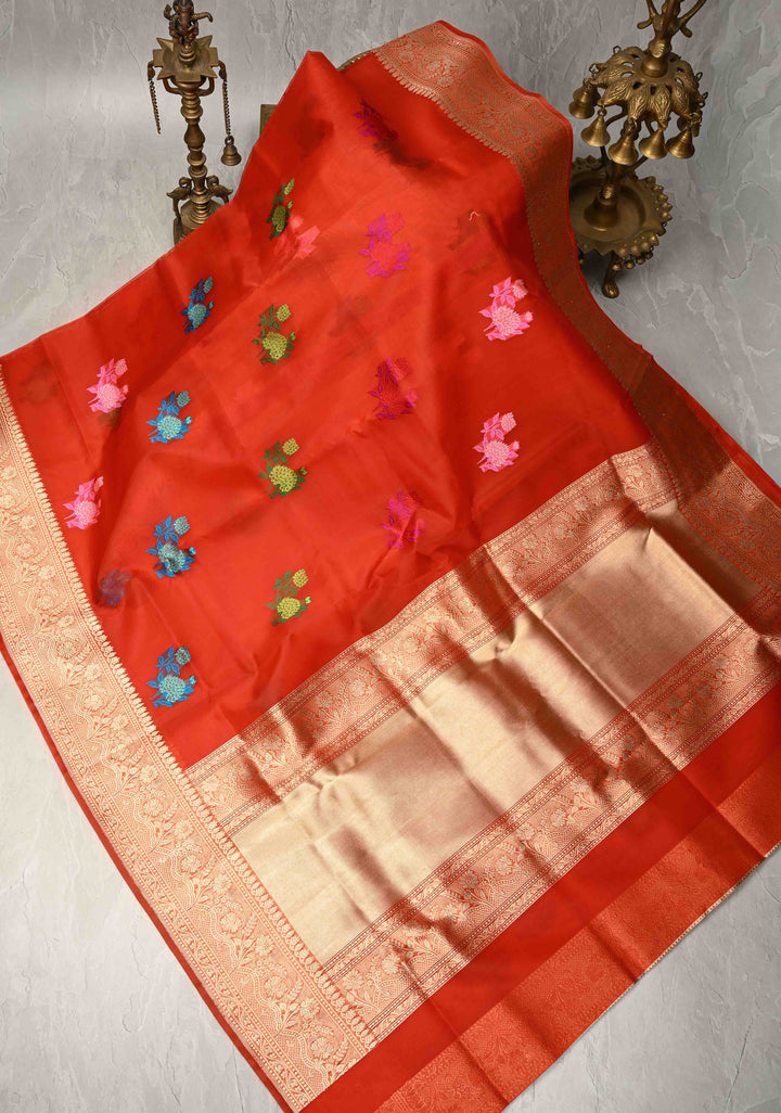 Red Banarasi Kora Silk Saree with Floral Meenakari  Buttas and Zari Border | SILK MARK CERTIFIED
