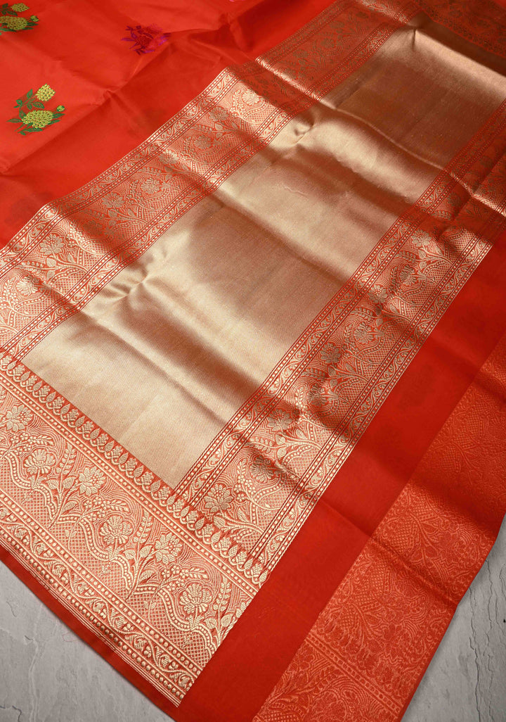 Red Banarasi Kora Silk Saree with Floral Meenakari  Buttas and Zari Border | SILK MARK CERTIFIED