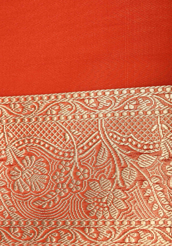 Red Banarasi Kora Silk Saree with Floral Meenakari  Buttas and Zari Border | SILK MARK CERTIFIED