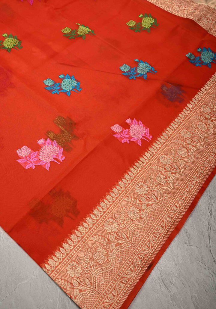 Red Banarasi Kora Silk Saree with Floral Meenakari  Buttas and Zari Border | SILK MARK CERTIFIED