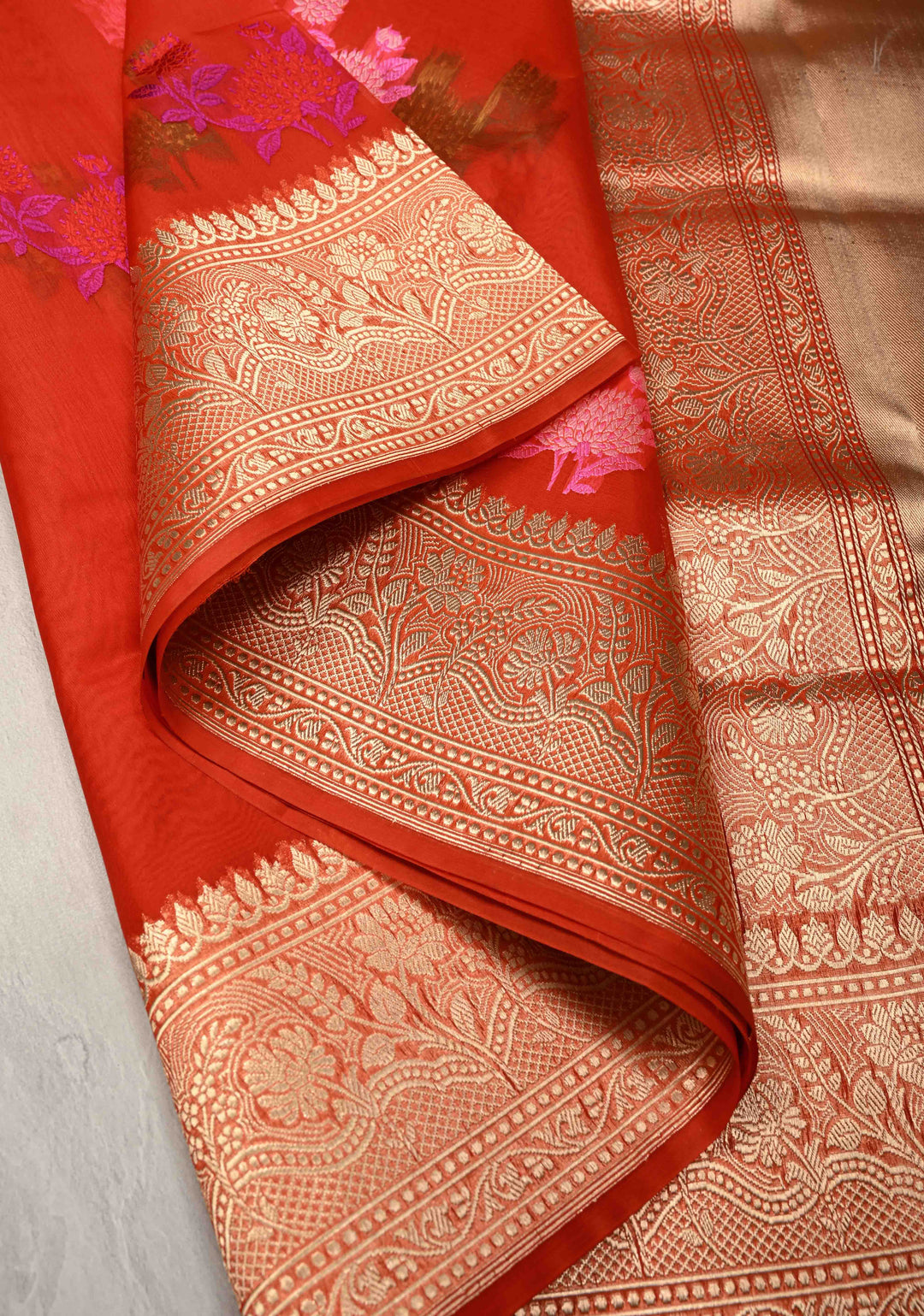 Red Banarasi Kora Silk Saree with Floral Meenakari  Buttas and Zari Border | SILK MARK CERTIFIED
