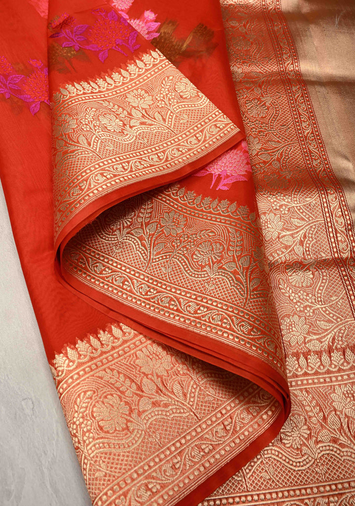 Red Banarasi Kora Silk Saree with Floral Meenakari  Buttas and Zari Border | SILK MARK CERTIFIED