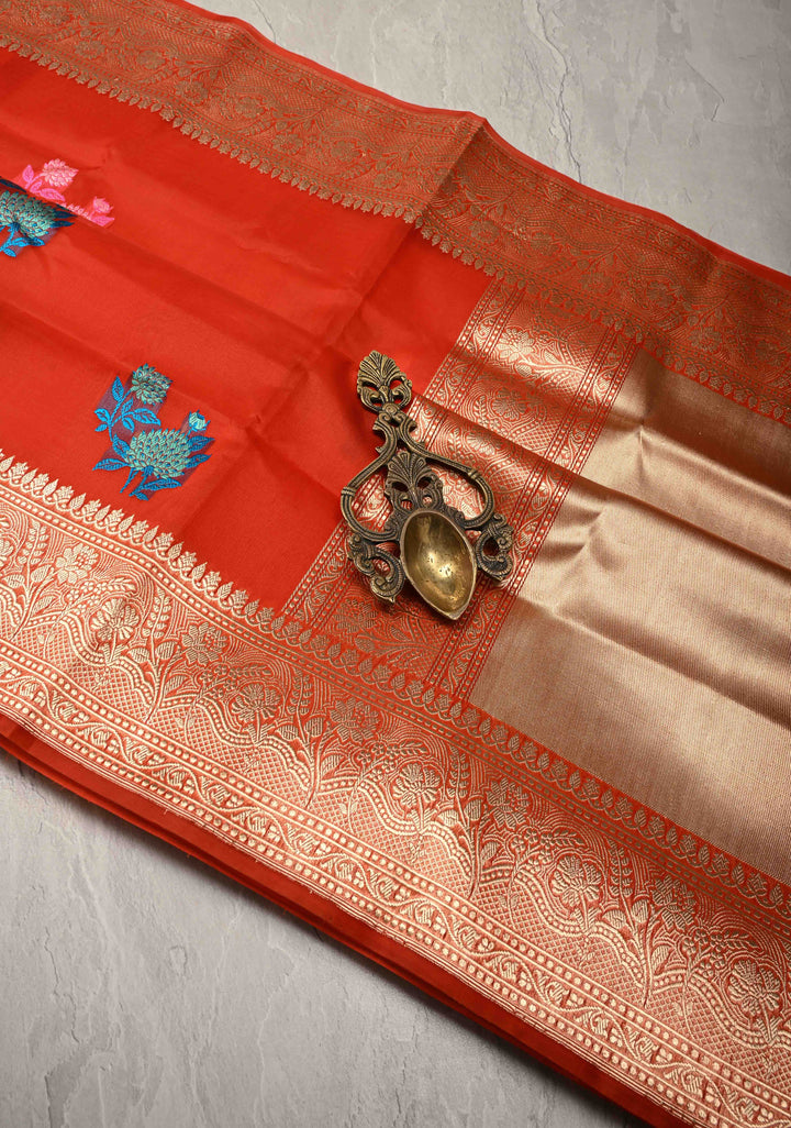 Red Banarasi Kora Silk Saree with Floral Meenakari  Buttas and Zari Border | SILK MARK CERTIFIED