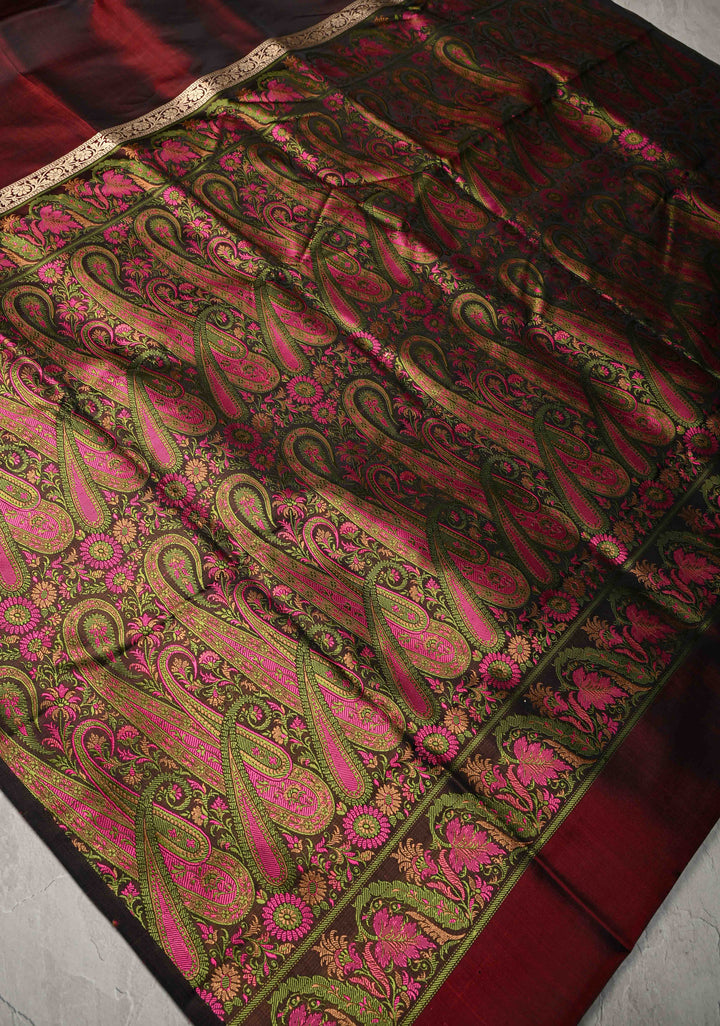Deep Garnet Mashru Silk Saree with Tanchoi Pallu and and Blouse | SILK MARK CERTIFIED