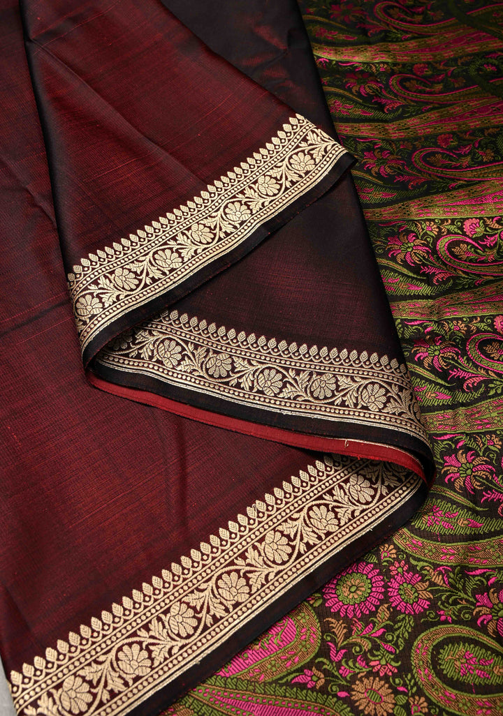 Deep Garnet Mashru Silk Saree with Tanchoi Pallu and and Blouse | SILK MARK CERTIFIED