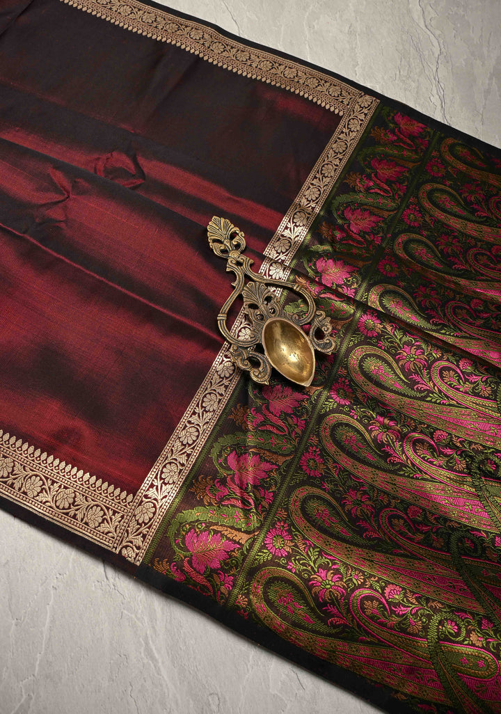 Deep Garnet Mashru Silk Saree with Tanchoi Pallu and and Blouse | SILK MARK CERTIFIED