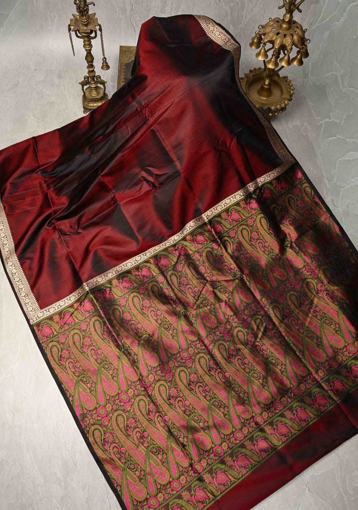 Deep Garnet Mashru Silk Saree with Tanchoi Pallu and and Blouse | SILK MARK CERTIFIED
