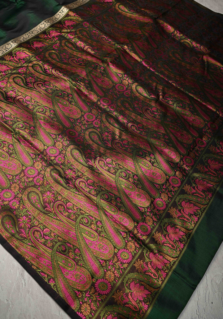 Deep Green Mashru Silk Saree with Tanchoi Pallu and and Blouse | SILK MARK CERTIFIED