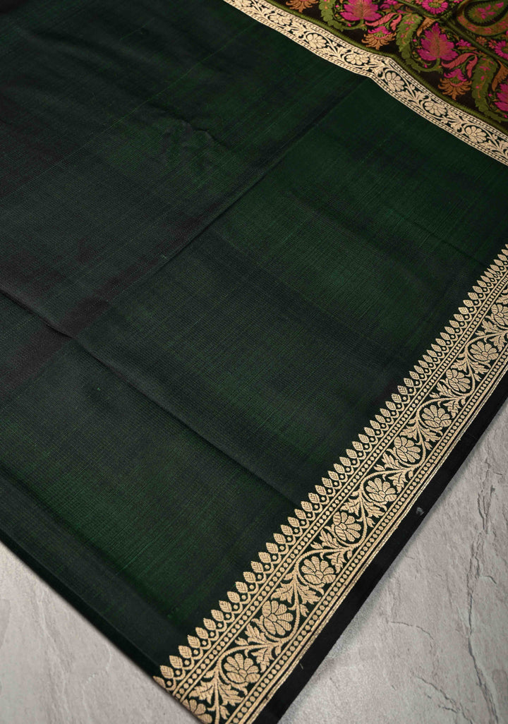 Deep Green Mashru Silk Saree with Tanchoi Pallu and and Blouse | SILK MARK CERTIFIED