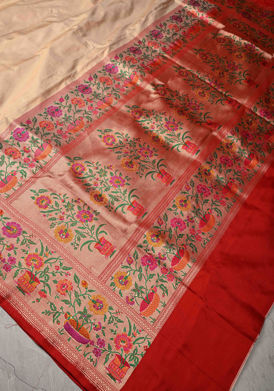 Cream Pure Banarasi Katan Silk Saree with Floral Zari buttas and Contrast Paithani Border-Pallu | SILK MARK CERTIFIED