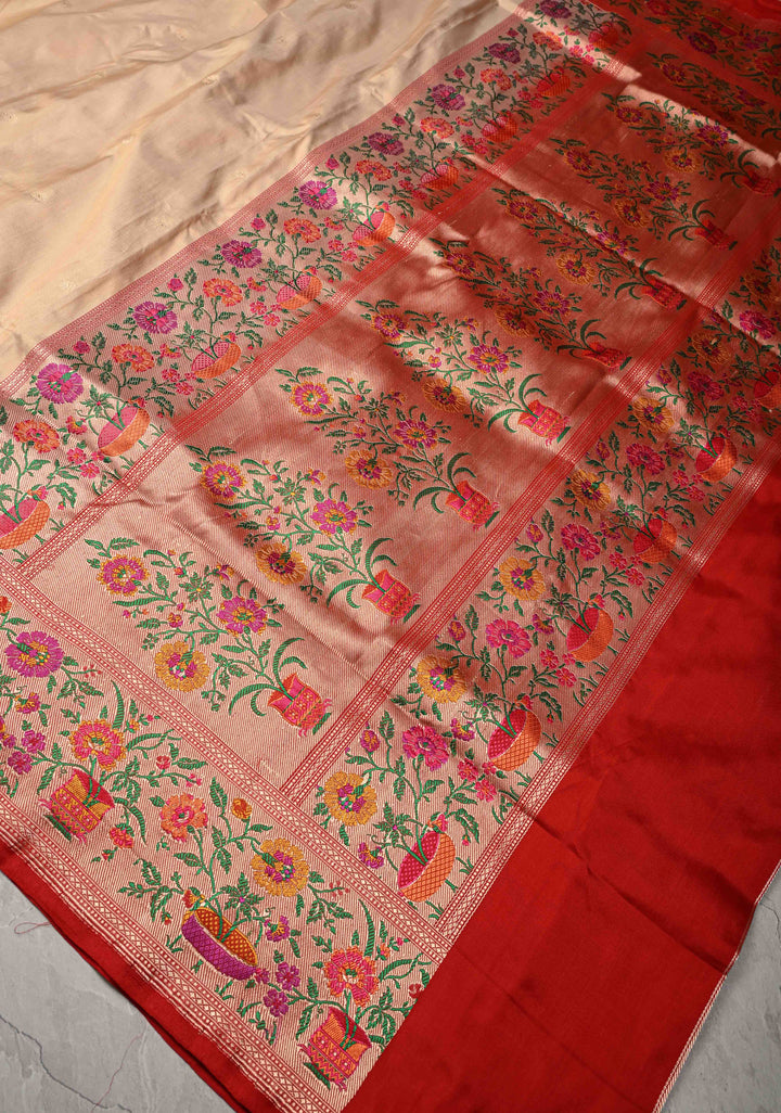 Cream Pure Banarasi Katan Silk Saree with Floral Zari buttas and Contrast Paithani Border-Pallu | SILK MARK CERTIFIED