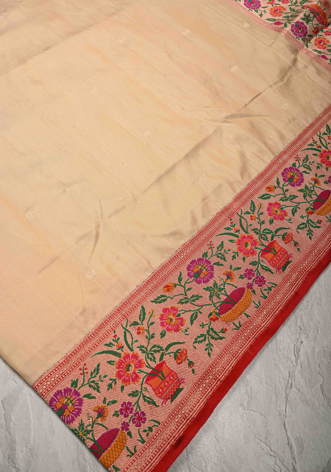 Cream Pure Banarasi Katan Silk Saree with Floral Zari buttas and Contrast Paithani Border-Pallu | SILK MARK CERTIFIED
