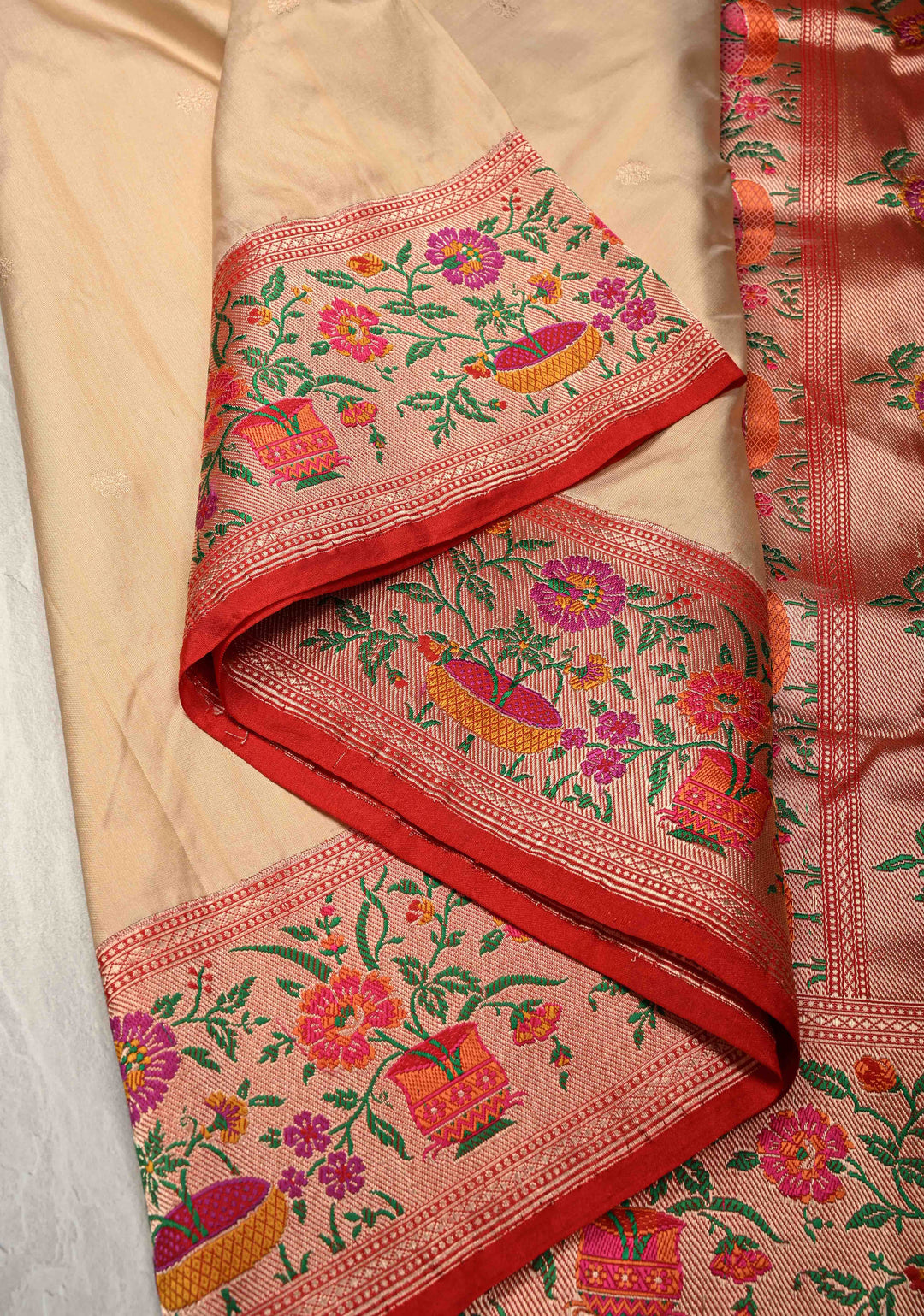 Cream Pure Banarasi Katan Silk Saree with Floral Zari buttas and Contrast Paithani Border-Pallu | SILK MARK CERTIFIED