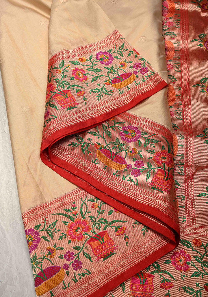 Cream Pure Banarasi Katan Silk Saree with Floral Zari buttas and Contrast Paithani Border-Pallu | SILK MARK CERTIFIED