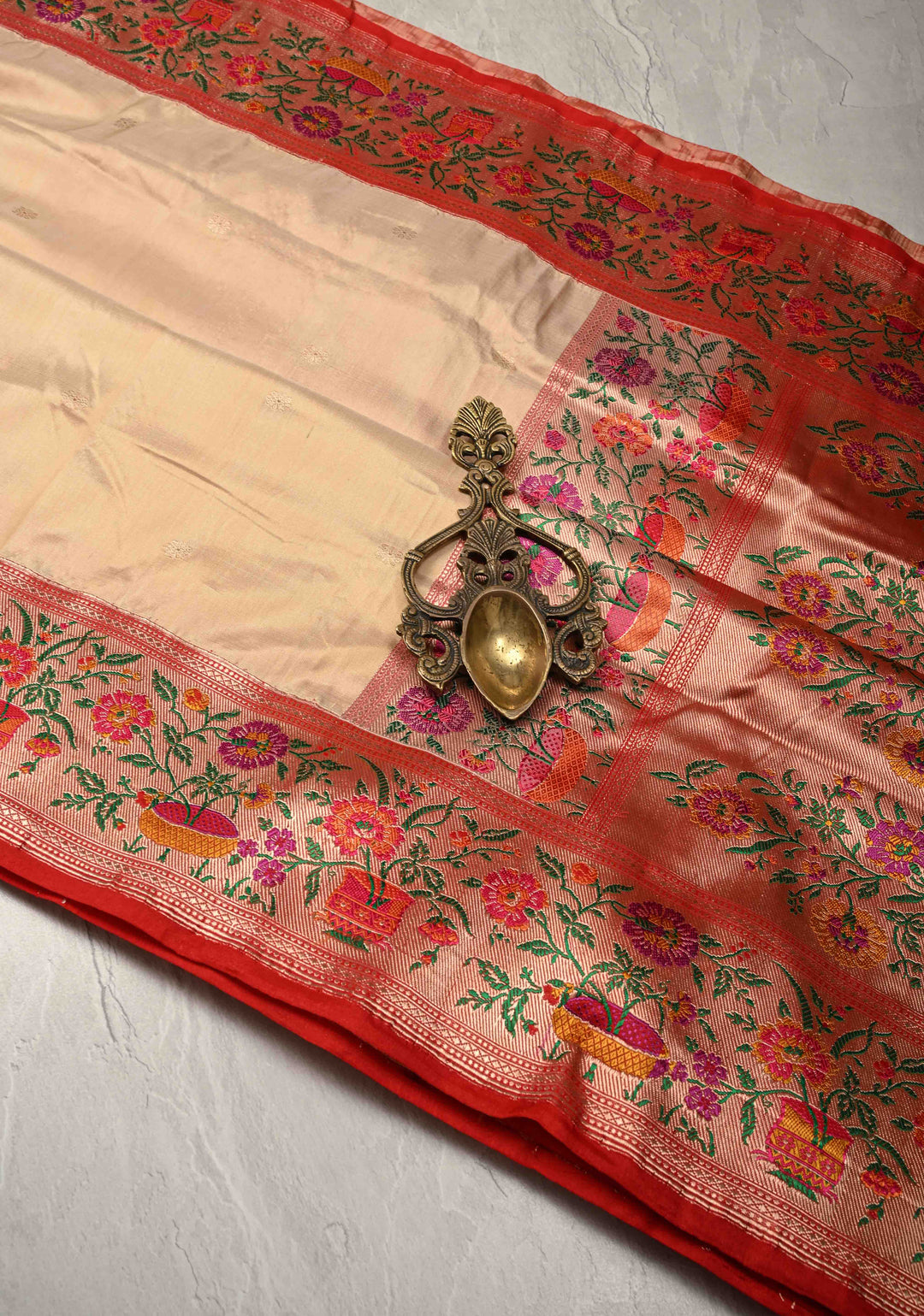 Cream Pure Banarasi Katan Silk Saree with Floral Zari buttas and Contrast Paithani Border-Pallu | SILK MARK CERTIFIED
