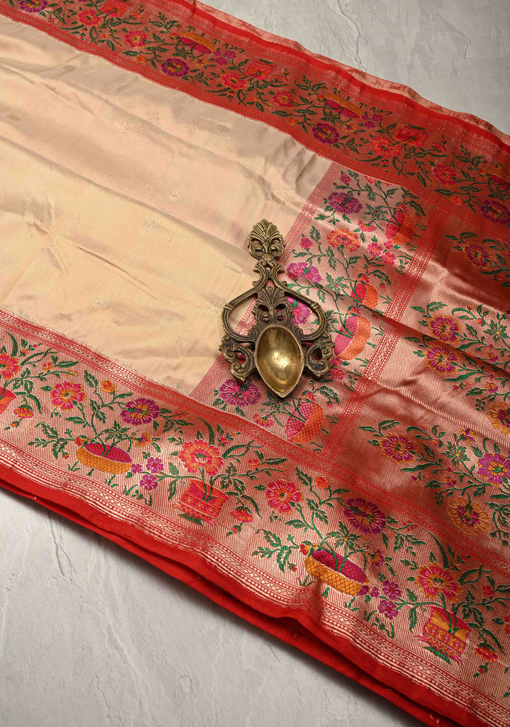 Cream Pure Banarasi Katan Silk Saree with Floral Zari buttas and Contrast Paithani Border-Pallu | SILK MARK CERTIFIED