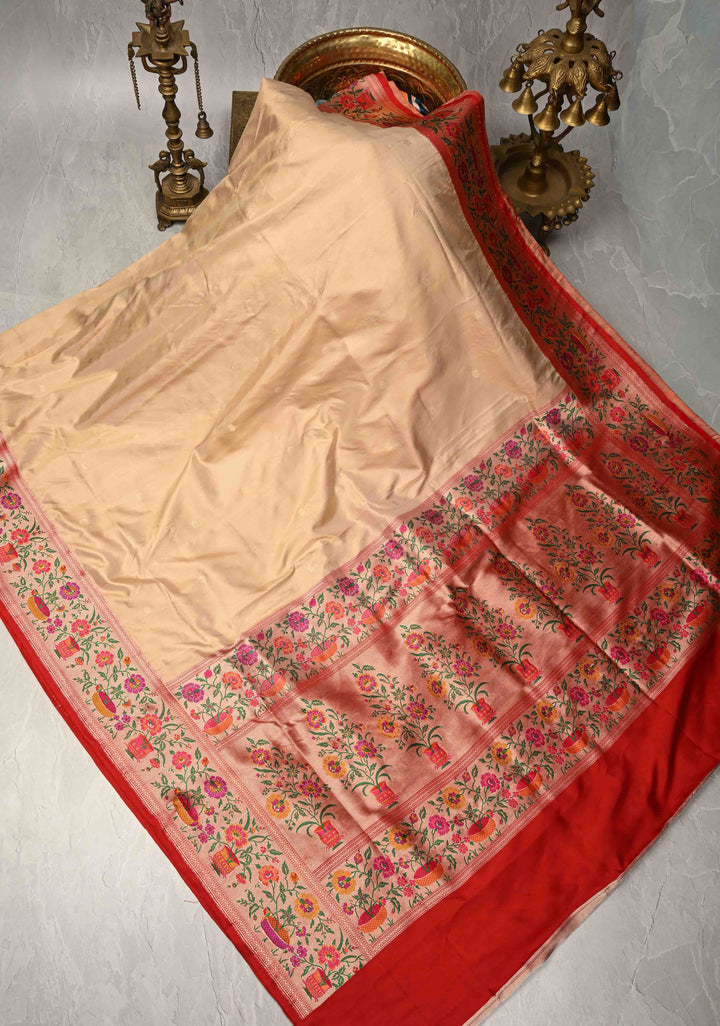 Cream Pure Banarasi Katan Silk Saree with Floral Zari buttas and Contrast Paithani Border-Pallu | SILK MARK CERTIFIED