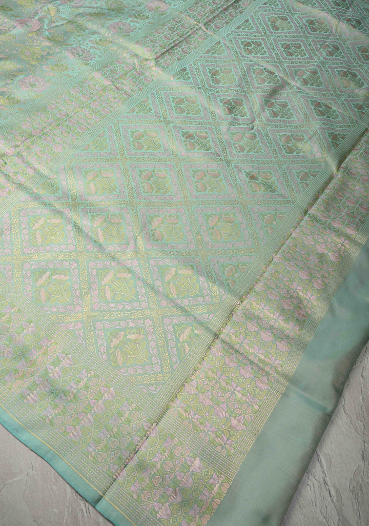 Pista Green Tanchoi Banarasi Satin Silk Saree with Floral Brocade | SILK MARK CERTIFIED