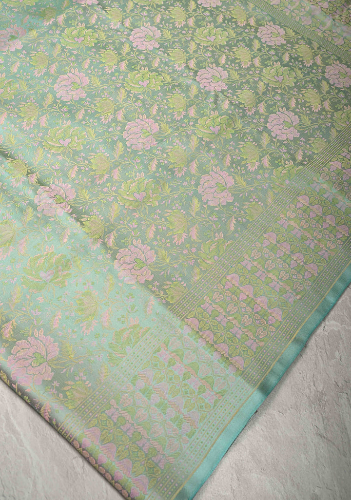 Pista Green Tanchoi Banarasi Satin Silk Saree with Floral Brocade | SILK MARK CERTIFIED