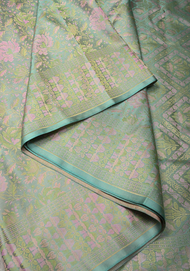 Pista Green Tanchoi Banarasi Satin Silk Saree with Floral Brocade | SILK MARK CERTIFIED