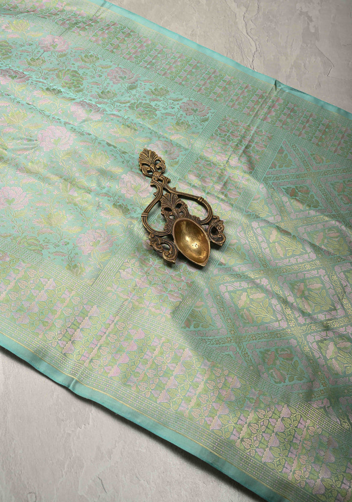 Pista Green Tanchoi Banarasi Satin Silk Saree with Floral Brocade | SILK MARK CERTIFIED