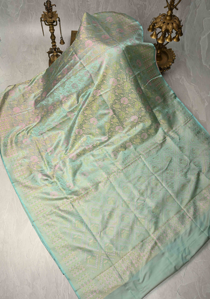 Pista Green Tanchoi Banarasi Satin Silk Saree with Floral Brocade | SILK MARK CERTIFIED