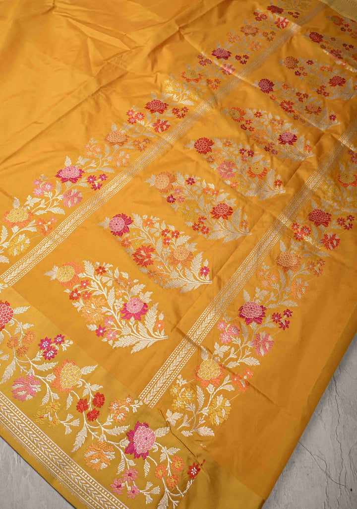 Mustard Yellow Banarasi Katan Tissue Silk Saree with  Meenakari Border and Pallu | SILK MARK CERTIFIED