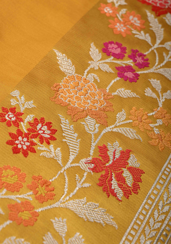 Mustard Yellow Banarasi Katan Tissue Silk Saree with  Meenakari Border and Pallu | SILK MARK CERTIFIED
